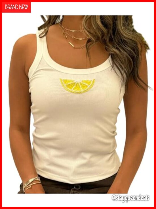 Tops - Y2k Graphic Sequin Tank Top Sleeveless Beaded Embroidered Crop Top Summer Beach